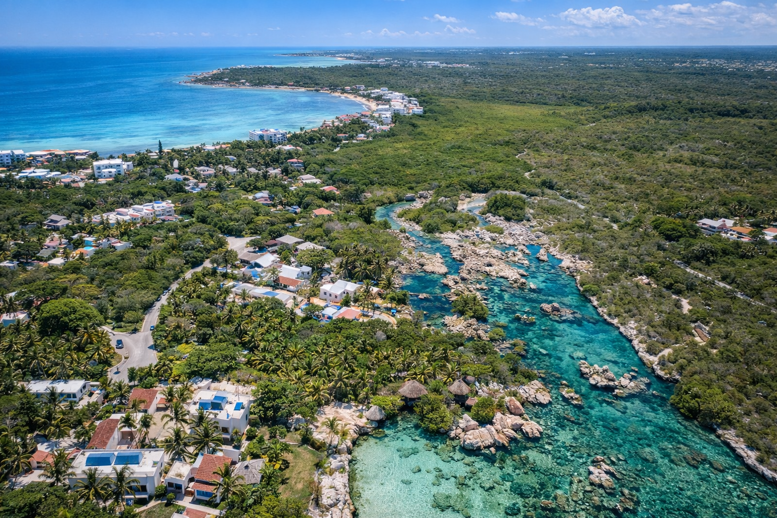 Aerial of Akumal coastline and Half Moon Bay